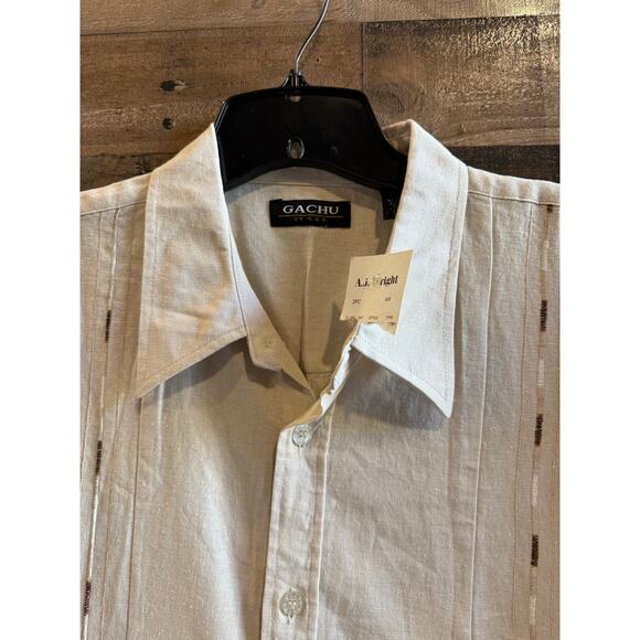 Gachu by KBB, Tan/ Natural Linen Button Up, Short Sleeve, Men Size XL - Picture 7 of 9